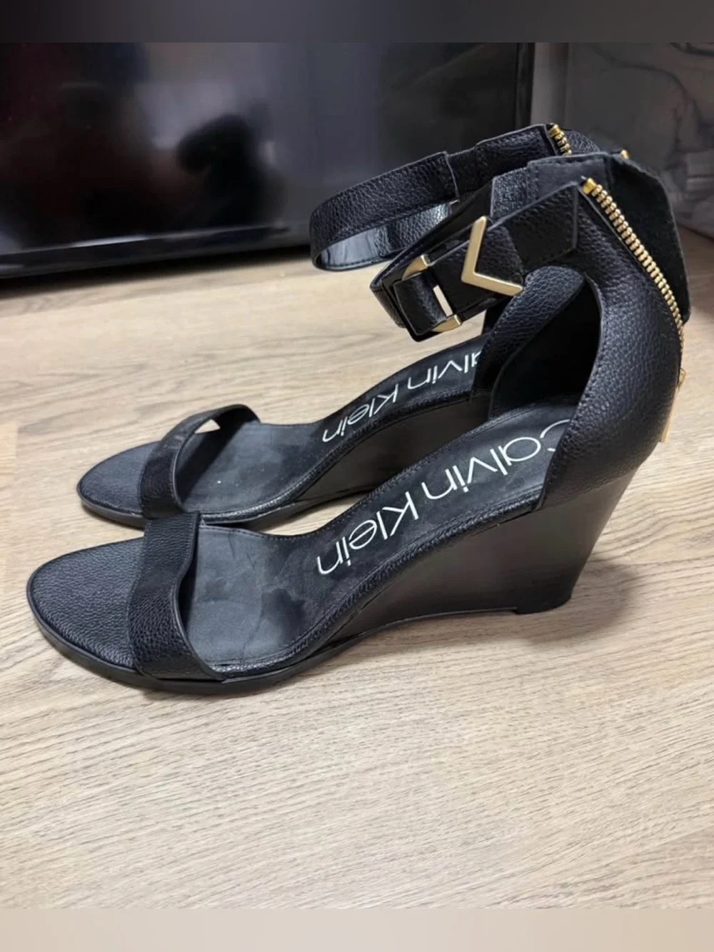 Calvin Klein Black Wedge Heels with Gold Zipper